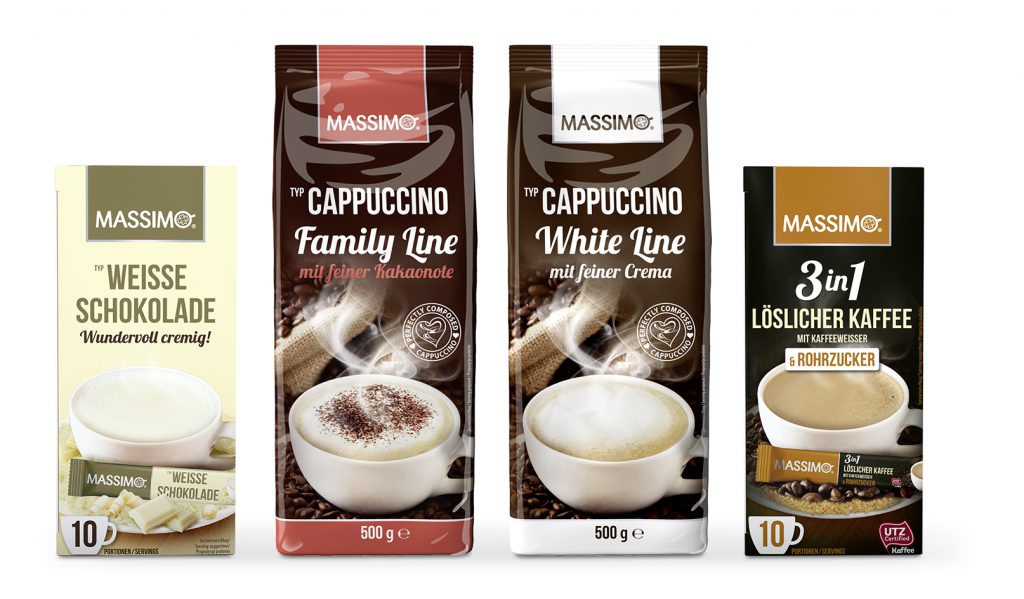 Massimo weisse Schokolade und 3 in 1 löslicher Kaffee mit Kaffeeweisser und Rohrzucker in Portionsbeuteln, Cappuccino Pulver White Line mit feiner Crema, Cappuccino Family Line mit Kakao