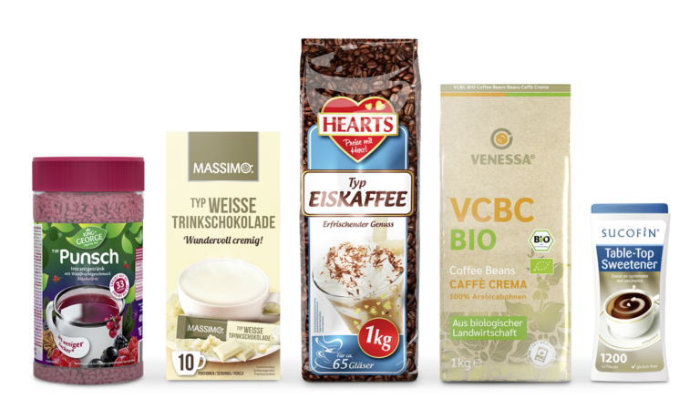 TSI Instant Produkte, Massimo weisse Trinkschokolade Kokos, hearts Eiskaffee, Venessa Kaffeebohnen, Sucofin Süssstoff, King George Tee Waldfrucht Punsch weniger Zucker