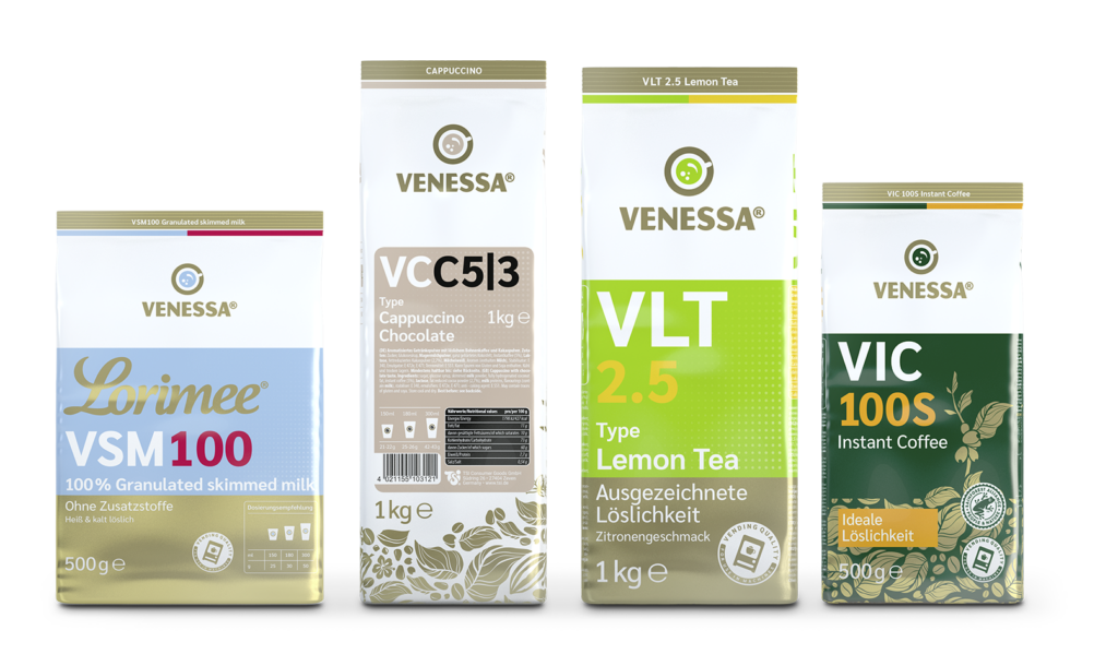 Venessa instant Kaffee, Tee Waldfrucht, Cappuccino mit Kakao, granuliertes Magermilchpulver