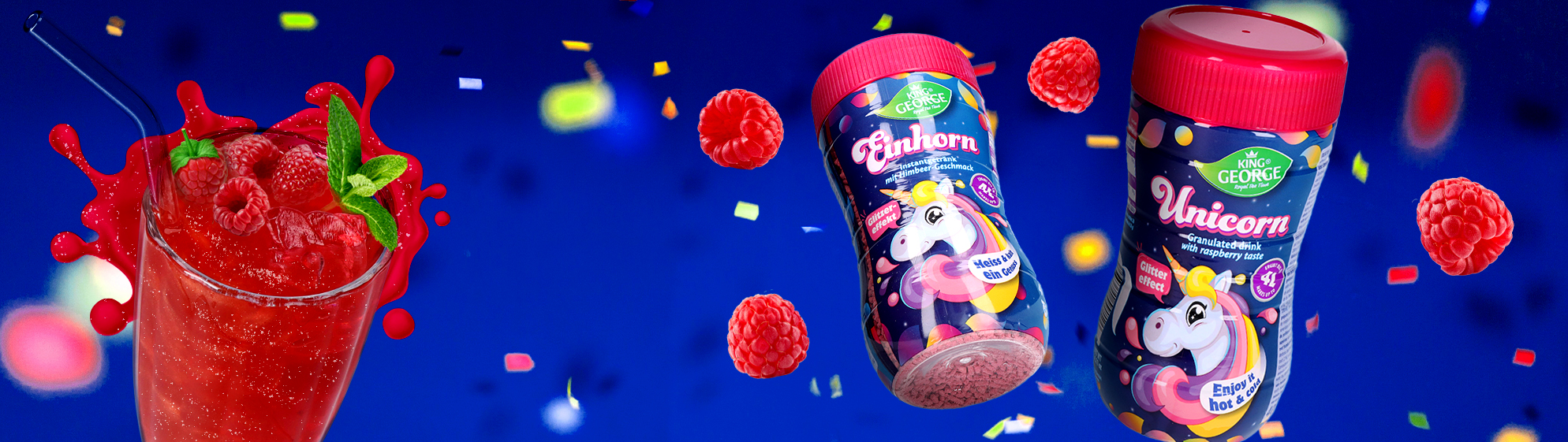 KING GEORGE Banner Einhorn Instantgetränk mit Himbeer Geschmack.