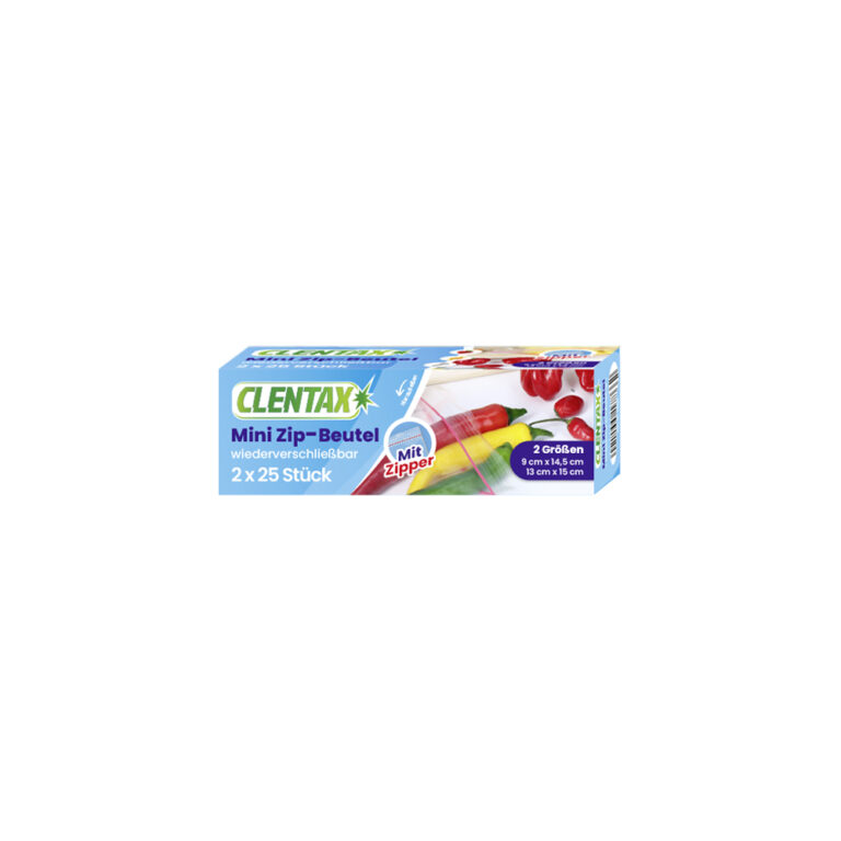 CLENTAX: Mini Zip-Beutel wieder verschließbar 2 x 25 Stück, 2 Größen 9cm x 14,5cm und 13cm x 15m.