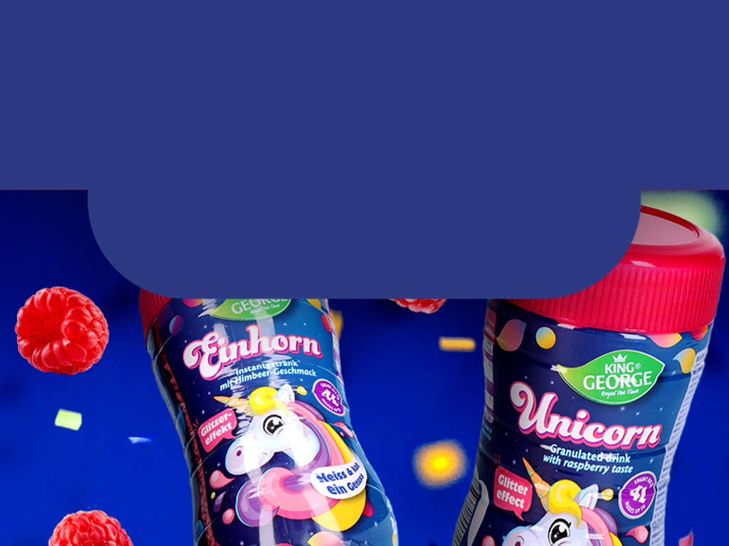 KING GEORGE: Unicorn Instantgetränk mit Himbeer-Geschmack und Glitter Effekt.