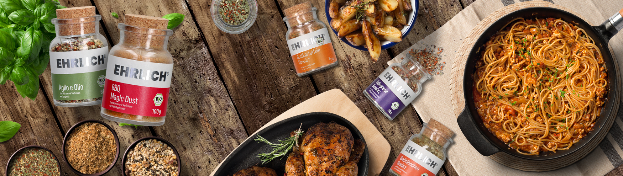 EHRLICH: Aglio e Olio Gewürz, BBQ Magic Dust, Bratkartoffel Gewürz, Bolognese Gewürz, Brathähnchen Gewürz – Bio-Gewürzmischungen für Pasta, Fleisch und Gemüse.
